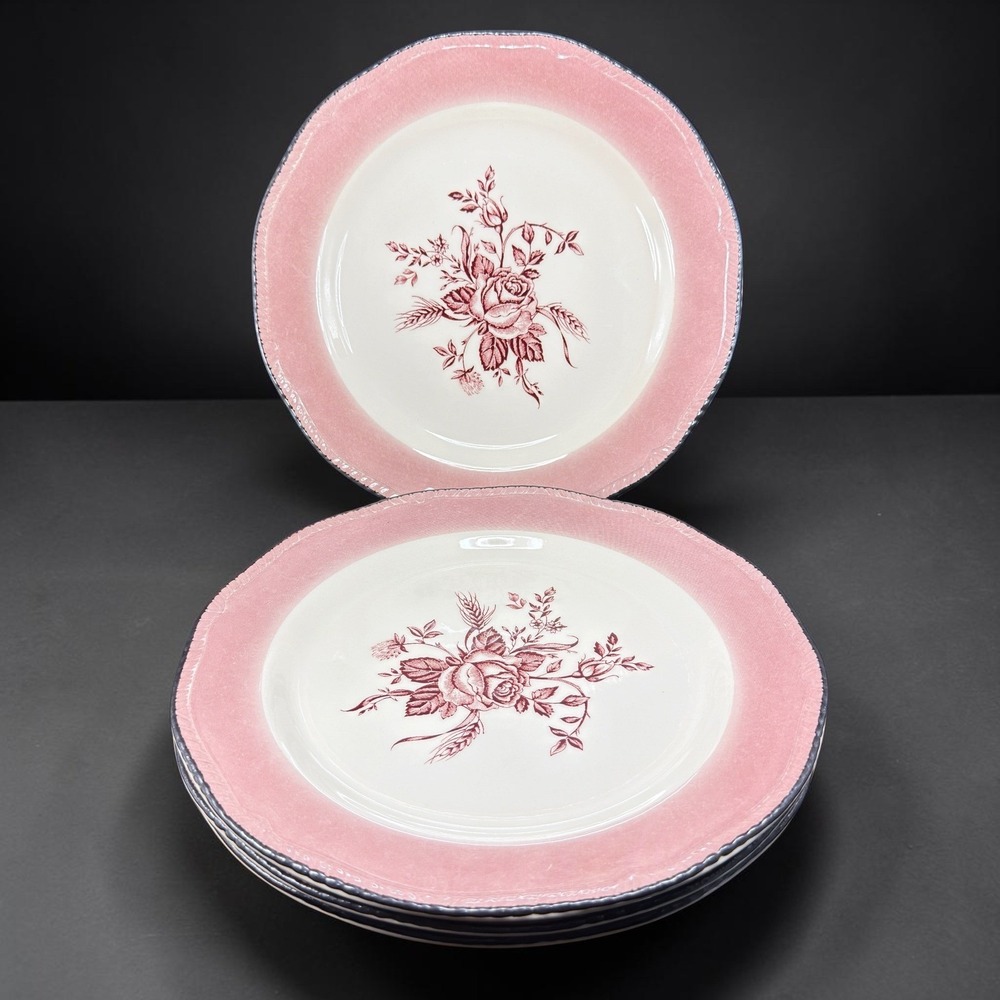 Wood & Sons England Pink Rose Dishes Plates Set of 5 Scalloped Edge 10.5 Inch